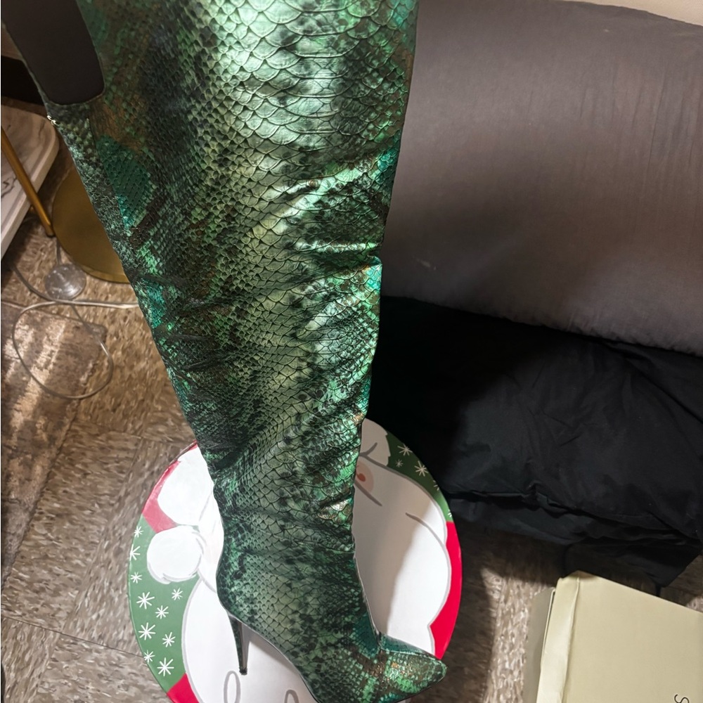Green Snakeskin Over-the-Knee Boots